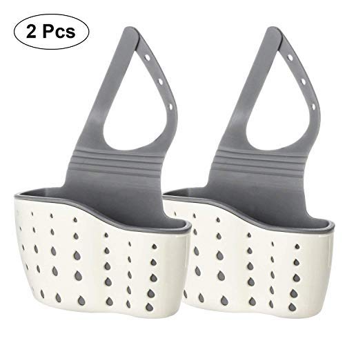 Beaverve 2PCS Sink Caddy, Silicone Sponge Holder for Kitchen Sink, Faucet Caddy with Adjustable Strap, Kitchen Plastic Sink Caddy Sponge Holder, Antimicrobial Drain Holes for Sanitary Drying