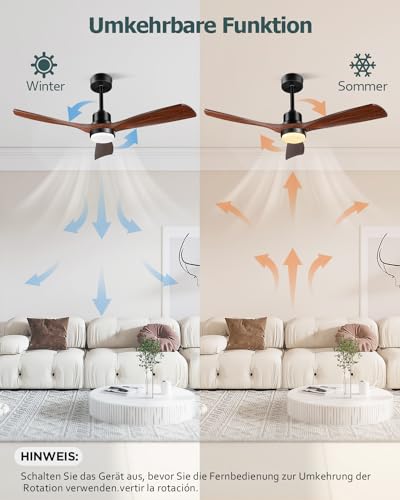 Forrovenco Ceiling Fan with Light 152 cm / 60 Inches, with Lighting & Remote Control, Outdoor Ceiling Fans for Patio, Quiet DC Motor, 3 Solid Wood Blades, Reversible, Indoor, Brown