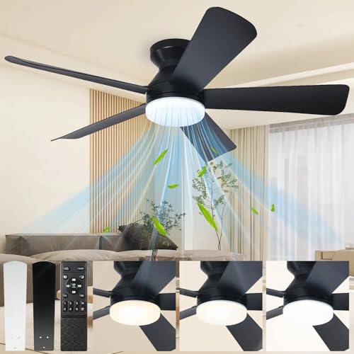 Ventilador de Techo con Luz de 42 Inch/107cm, Montaje Empotrado con Control Remoto, Silencioso de 5 Aspas, 3cct+6 Velocidades, Motor Reversible, Negro