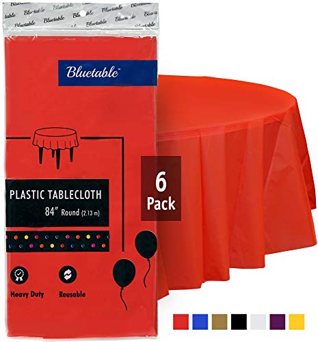 Plastic Tablecloth Red Round Disposable Table Cloth - Heavy Duty (84” Inches) 4, 5, 6 Foot Round Tables, Party Tablecloths Christmas Birthday Parties [6 Pack]