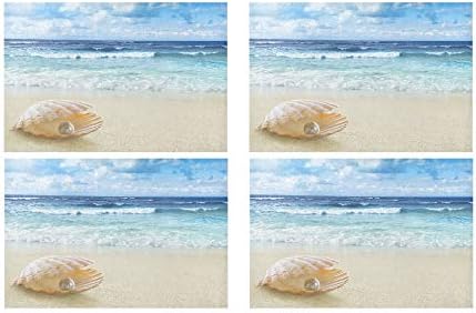 Sea Shell Pearl On Sun Beach Kitchen Printed Stain Resistant Heat Insulation Washable Square Table Mat Placemat for Baby and Women's Round Dinning Table 12" X 18" Set of 4 Pcs