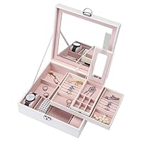 Pasutewel Jewelry Organizer,PU Leather Jewelry Box - Large Mirror & 2 Trays for Women and Girls Earring Ring Necklace Bracelet & Watch Organizer with Lock