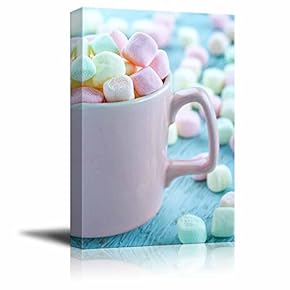 Canvas Prints Wall Art - Pastel Color Marshmallows in a Pink Cup on Light Blue Wooden Background - 12" x 18"