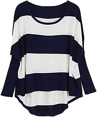 JVA Women's Stylish Regular Fit Long Sleeve Thin Pullover Striped Top SW117, Blue White X-Large