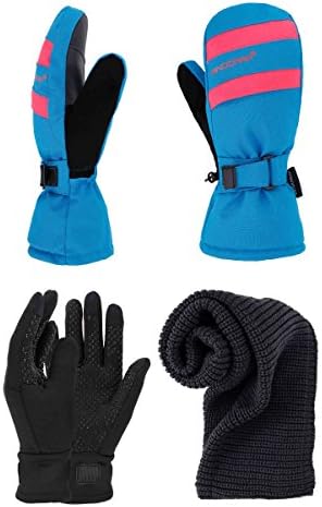 FURST Women's Hyper Tech Touchscreen Winter Mittens + Infinity Scarf Set, Hidden Pocket, Thinsulate, Waterproof, Blue, M
