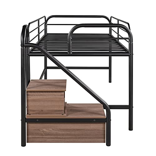 Storage Loft Bed, Metal Loft Bed Frame Low Loft Bed with Stairs for