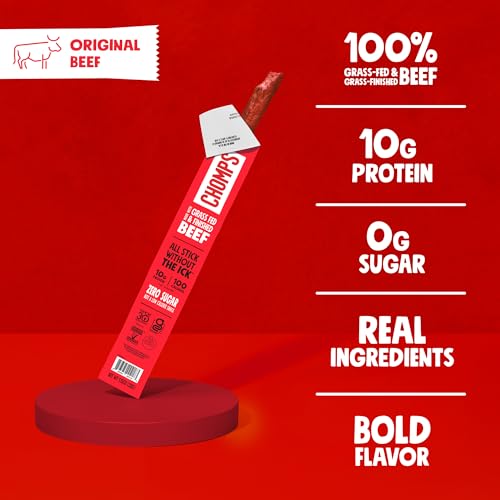 CHOMPS GRASS-FED AND FINISHED ORIGINAL BEEF JERKY SNACK STICKS 10-PACK – KETO, PALEO, WHOLE30, 10G LEAN MEAT PROTEIN, GLUTEN-FREE, ZERO SUGAR FOOD, NON-GMO