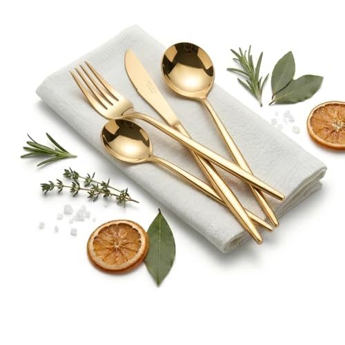 Conjunto de Talheres 24 Peças Dourado Premium Jogo de Talheres Aço Inoxidável Colheres, Garfos e Facas