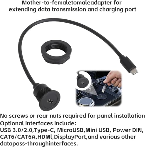 HENGBIRD Adaptador de Montaje Integrado USB C de 5 Gbps, Carga rápida, Cable Corto PD 60 W USB Tipo C 3.0 Macho a Hembra, Conector de Montaje Fijo 20 V 3 A, para salpicadero de Coche/RV/Barco, 30 cm