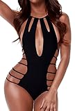 Zkess Women's Sleeveless Summer Strappy Cut outs One-piece Swimsuit Large Size Black