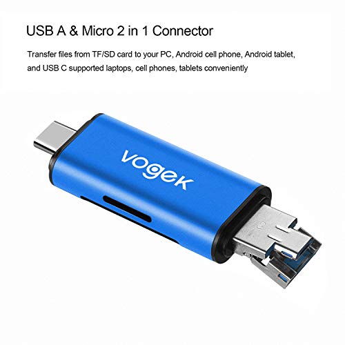VOGEK SD Card Reader, 3-in-1 USB 3.0 / USB C/Micro USB Card Reader - SD, Micro SD, SDXC, SDHC, Micro SDHC, Micro SDXC Memory Card Reader for MacBook PC Tablets Smartphones - Blue
