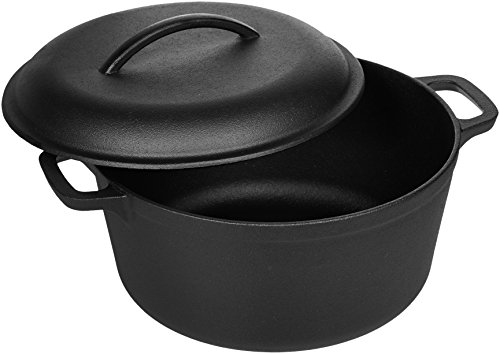 Amazon Basics Round Pre-Seasoned Cast Iron Dutch Oven with Dual Handles, 5-Quart, Black