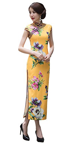 Angcoco Women's Cap Sleeve Flower Print Maxi Cheongsam Dress China Qipao