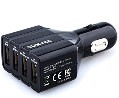 SUNYEE 36W/7.2A 4 Port USB Car Charger Power Adapter with AIPower tech for Apple iPad Air 2, iPad Air, iPad 4, 3, mini3, mini, iPhone 6, iPhone 6 Plus, iPhone 5S, 5, 4S,4; Samsung Galaxy S5, S4, S3, note 4, Note3, Note 2, Galaxy Tab; Nexus 10, 7, 6, 5, 4; LG G3, Optimus; HTC ONE M8; Motorola Moto G, Moto X; Bluetooth Speaker, GPS, External Battery Charger and Many other USB-Powered Mobile Devices (SUNYEE Black)