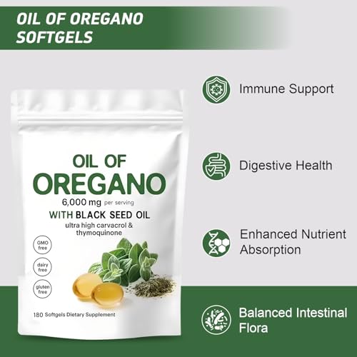 Oregano Oil with Black Seed Oil Capsules – 2-in-1 Formula for Immune Support – Plant-Based, Non-GMO Oil of Oregano Capsules (180 Softgels/1 Bag)