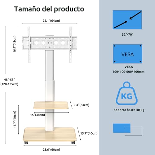 JXMTSPW Soporte para TV con Ruedas Móvil para 32~70 Pulgadas,Soporta hasta 40 KG, MAX VESA 600x400mm,Base para Pantalla Movil Ajustable en Altura Suelo con Bandeja,Carro TV Portátil