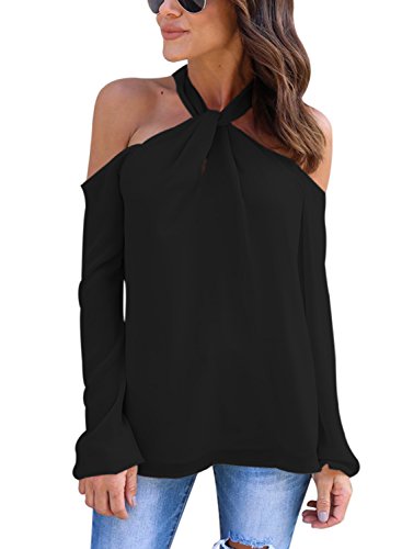 FARYSAYS Women's Long Sleeve Off Shoulder Halter Knot Neck Shirt Blouse Tops Black X-Large