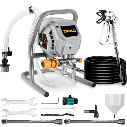 DEKO Pistola per Verniciare Airless 700W 2900PSI, Portata 1,2L/min, Spruzzatore Elettrico Multiuso con Tubo da 7,5M, 2 Prolunghe e Ugelli 311/515 per Pareti, Mobili e Metallo