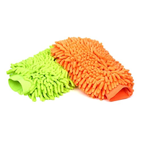 Lyxuan Car Wash Mitt Microfiber Cleaning Cloth Chenille Wash and Wax Glove, Green and Orange