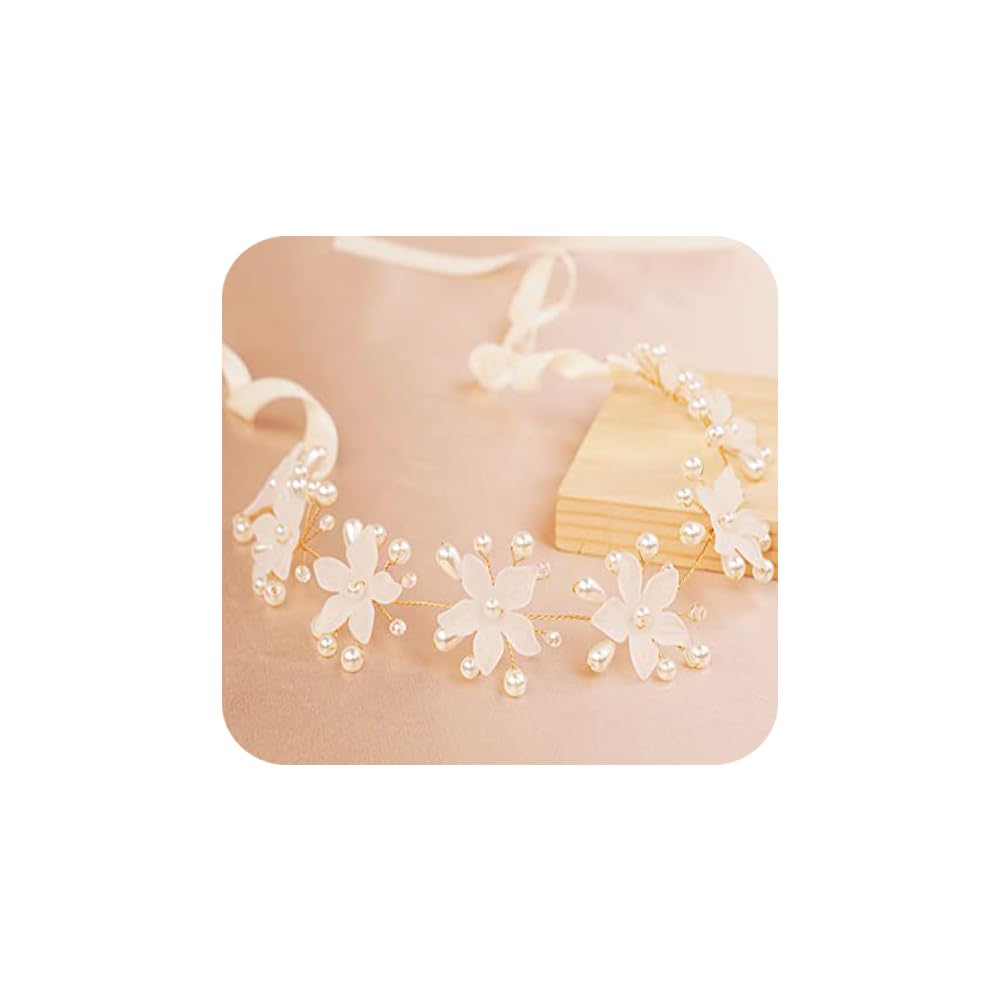 BERYUAN White Flower Pearls Crystal Wedding Hair Vine Pearls Crystal Beads Bridal Headpiece Princess Wedding Headband Gold Wedding Hair Accessories for Brides Bridesmaid