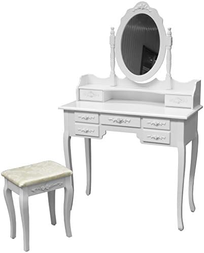 FirstWell Makeup Vanity Table Set Dresser Desk with Stool and Mirror (1 Mirror + 7 Drawer), White