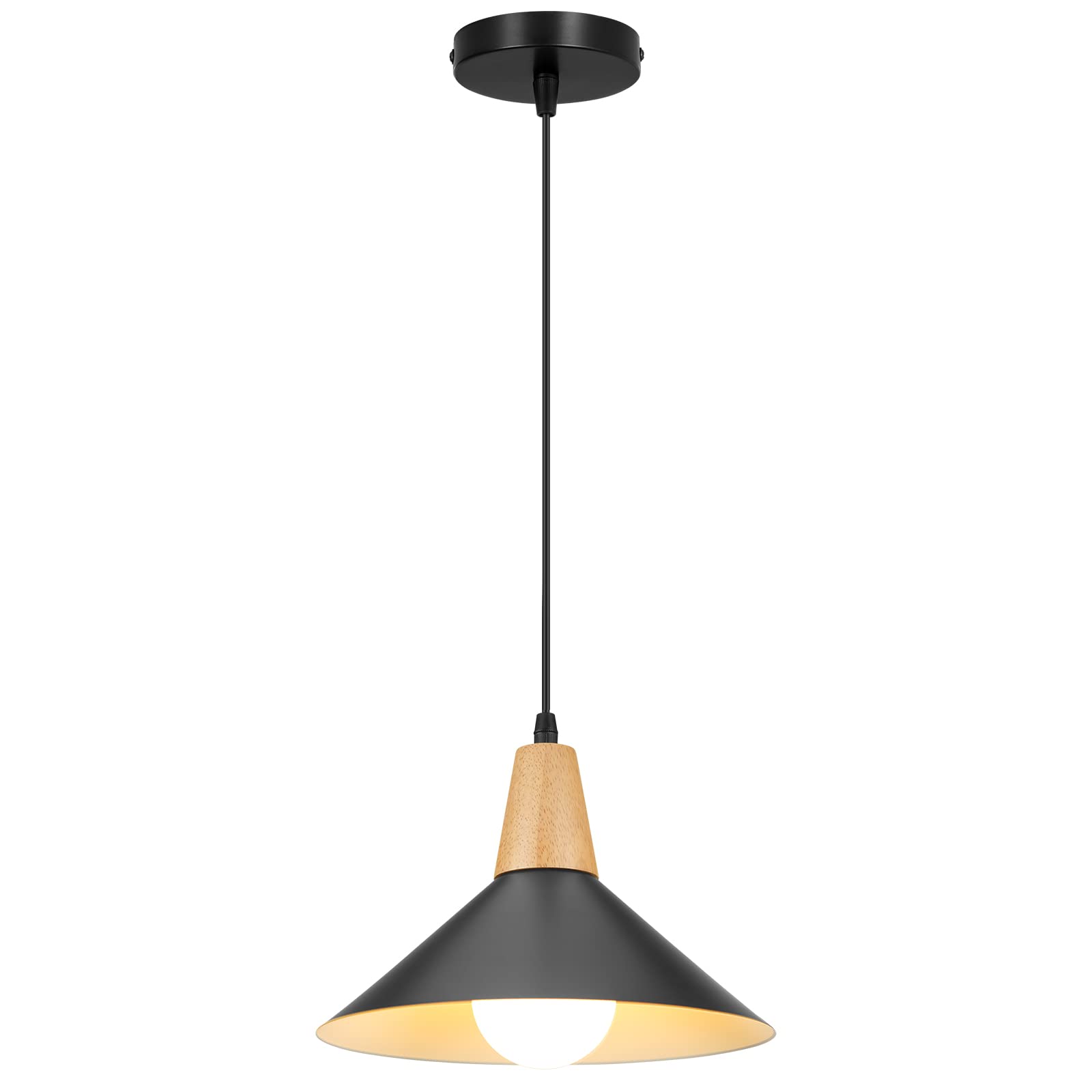 LIGKIN Vintage Pendant Light E27 Pendant Lamp Modern Industrial Ceiling Light Ø25cm Metal Lampshade Wooden Chandelier for Kitchen Dining Room Coffee Room,Black