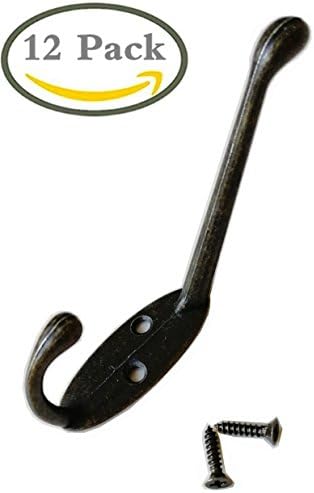12 Pack Heavy Duty Metal Decorative Dual Coat Hooks Wall Mounted Double Coat Hanger for Hat hardware Dual Prong Retro Coat Hanger with 26 Screws (Bronze)