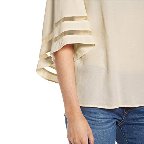 Shy Velvet Women's V Neck 3/4 Bell Sleeve Chiffon Blouse Mesh Panel Loose Top Shirts Beige - Thumbnail 4