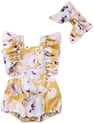Newborn Baby Girls Summer Clothes Romper Floral Onesies Sleeveless Pajamas Bodysuit Headband