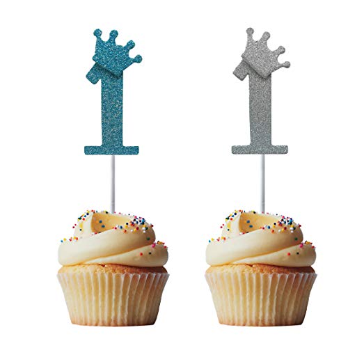 Morndew 24PCS Silver and Blue Crown Number 1 Cupcake Toppers for Baby£§s First Birthday Baby Shower Decoration