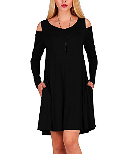 Moskill Plus Size Long Sleeve Loose Cold Shoulder Swing T Shirt Dress For Women With Pockets
