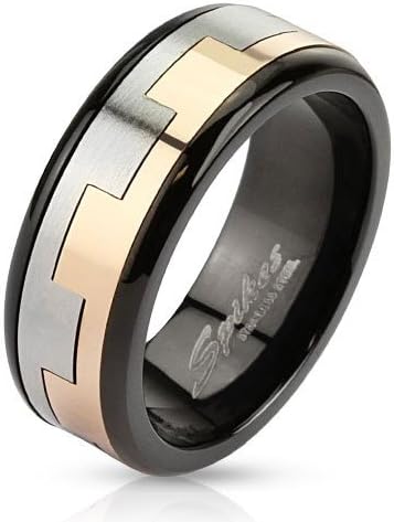 Stainless Steel Black IP Plated Ring with Two Toned IP Plated Square Link Pattern Design Spinning Center Comfort-Fit Band Ring, Width 8MM - Crazy2Shop