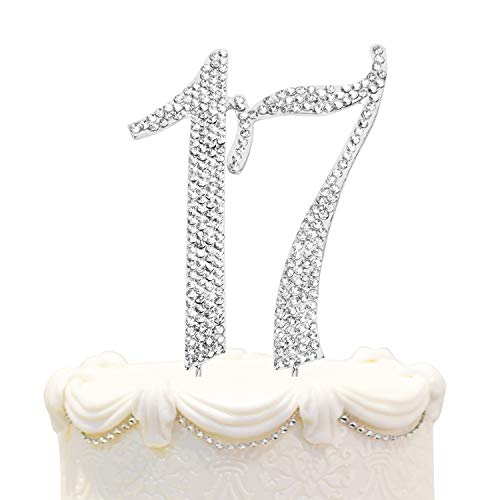 Hatcher lee Bling Crystal Rhinestone 17 Birthday Cake Topper - Best Keepsake | 17th Party Decorations Silver
