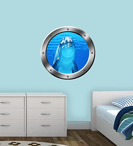 Porpoise Wall Decal Dolphin Porthole 3D Wall Sticker Peel and Stick Decor VWAQ-SP29 (14" Diameter)