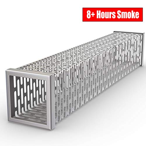 Cave Tools Pellet Tube Wood Smoker Box - High Grade 304 Stainless Steel 8+ Hours Hot or Cold Smoking Generator Kit for Cheese Salmon Fish or Meat on BBQ Grill - Barbecue Grilling Accessories