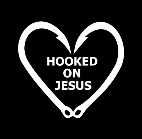LU COCO CREATIONS FISH HOOK HEART - HOOKED ON JESUS 5" WIDE (COLOR WHITE) CUTE FOR WINDOWS,CARS TRUCKS LAPTOPS AND MORE.