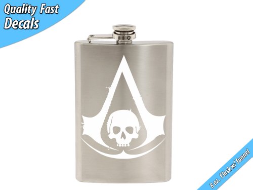 Assassin's Creed Video Game Inspired Black Flag Skull Logo Art Hand-made Etched 8 oz Stainless Steel Flask