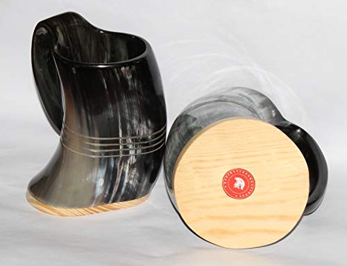Maximus International - The Original Handcrafted Authentic Viking Drinking Horn Tankard for Beer, Mead, Ale â€“ Medieval Inspired Stein Mug wood Bottom and Ring â€“ Food Safe Vessel With burlap sack.