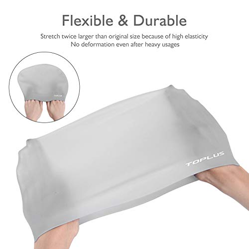 TOPLUS Swim Cap Women, Silicone Swimming Caps for Women Swim Caps for Long Hair Swim Cap Girls - 3D Ergonomic Design Comfortable and Durable Comes with Nose Clip & Ear Plugs - Gray - Thumbnail 3