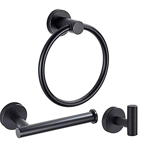 3 Pieces Bathroom Kit Accessories Set Restroom Towel Holder Toilet Paper Holder and Hook Set SUS 304 Stainless Steel Bathroom Hardware Set (Matte Black)