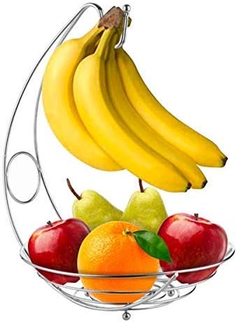 Fruit Tree Bowl with Banana Hanger, Decorative Fruit Basket 10” x 14” Large Capacity Fruit Stand Holder Durable Storage Premium Chrome Finish Iron Fruit Container