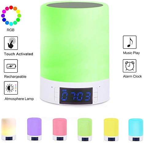 Dimmable Led Night Light with Bluetooth Speaker, Touch Activated Dim Table Lamp,Color Changing Beside Light with Alarm Clock
