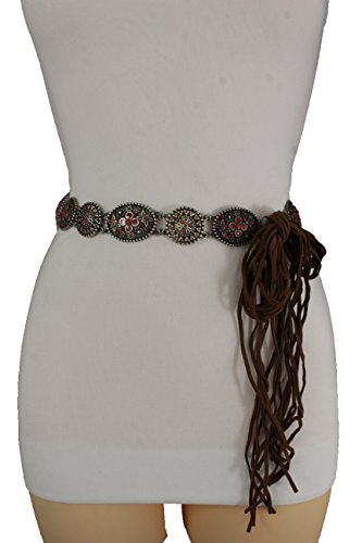 TFJ Women Fashion Brown Tie Belt Bohemian Vintage Silver Metal Charms Red Flower S M