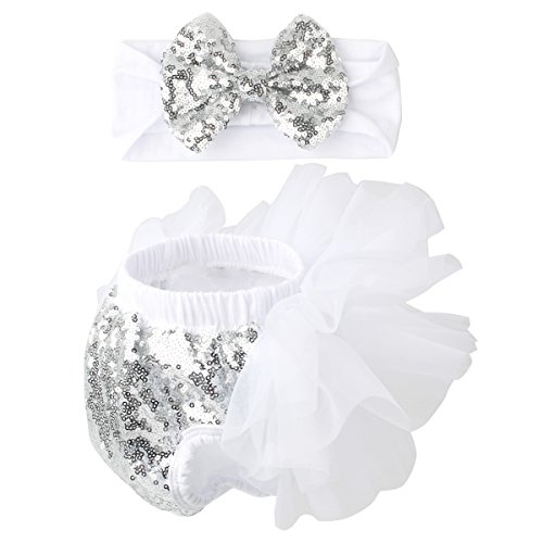 Slowera Baby Girls 2PCS Sets Cotton Tulle Sequins Diaper Cover Bloomers and Headband (White Silver, M: 6-12 Months)
