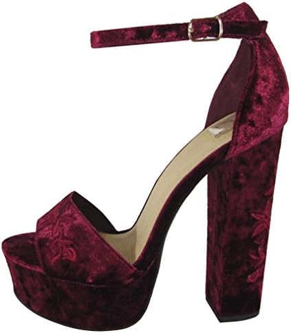 Delicious Women's Floral Embroidered Ankle Strappy Chunky Heel Platform Sandal (5.5 B(M) US, Burgundy Crushed Velvet)