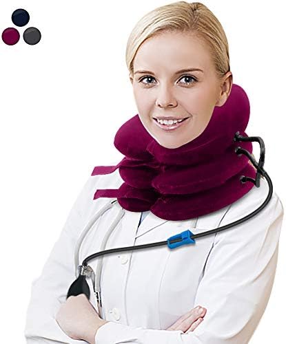 Neck Traction, Cervical Neck Traction Device, LEMBO DIRECT Air Neck Therapy Inflatable & Adjustable Stretcher Collar Brace Spine Alignment Pillow for Neck Shoulder Back Head Spine Pain Relief, Red