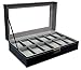 Sodynee 12 Mens Large Watch Box Black Pu Leather Display Glass Top Jewelry Case Organizer Box
