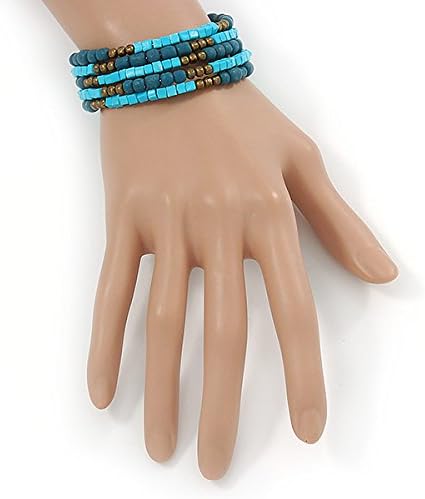 Avalaya Azure/Turquoise Stone Bead Multistrand Coiled Flex Bracelet Bangle - Adjustable, bronze, cyan / aqua, teal - Image 3