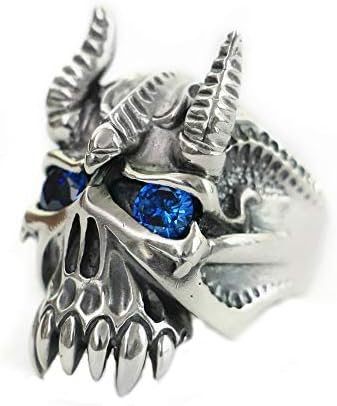 LINSION 925 Sterling Silver Bison Horn Devil Demon CZ Eyes Skull Mens Ring TA127
