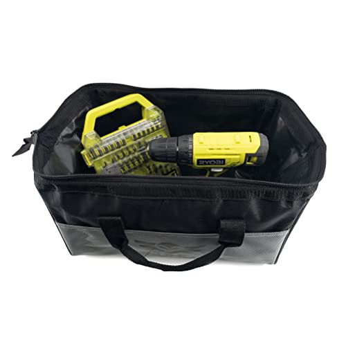 Drill Set Bundle with Ryobi 18V Cordless Drill, 1.5 Ah Lithium-ion Battery, 18-Volt Battery Charger, 40 Piece Multipurpose Drill Bits, and Buho 16 Inch Tool Bag with Outside Pockets